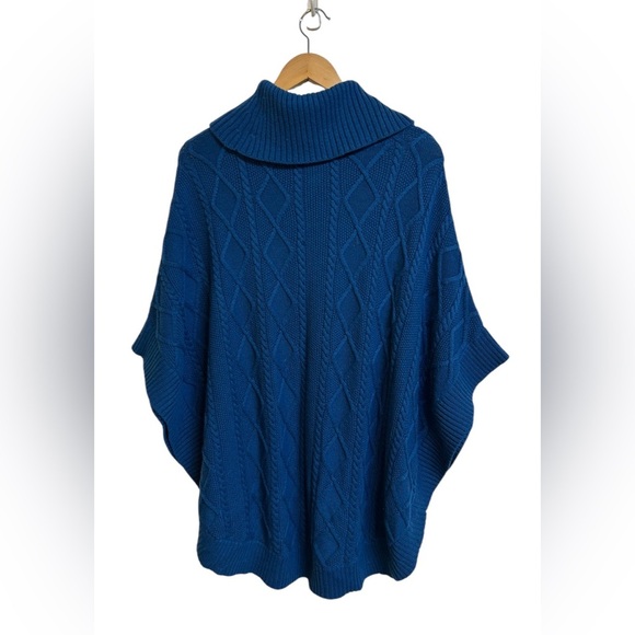 Talbots Wool Poncho Sweater Cape Pullover Cable Womens Blue Chunky Boho Size L - Picture 5 of 7